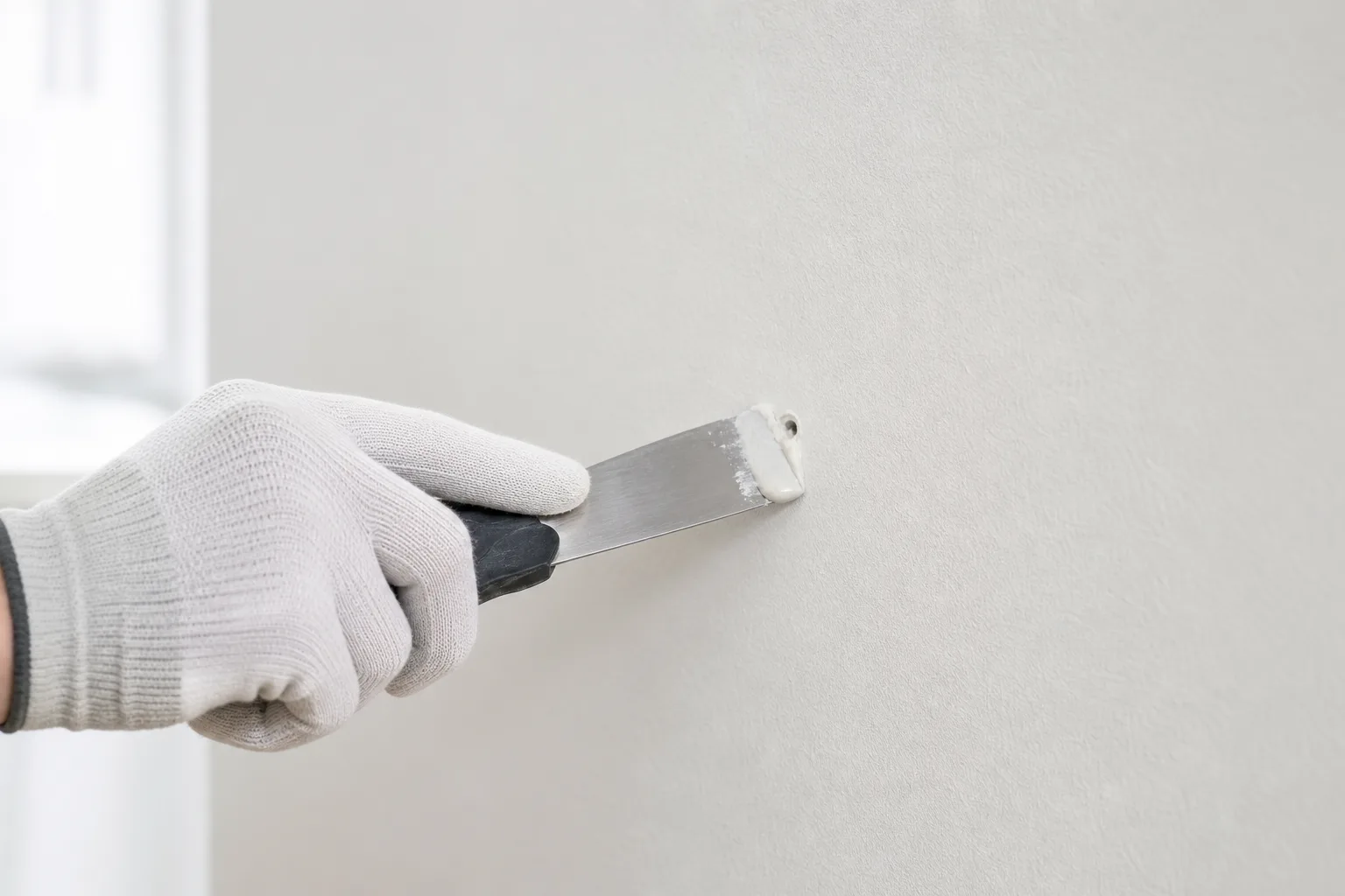 Behandschuhte Hand bessert ein kleines Bohrloch an einer Innenwand aus