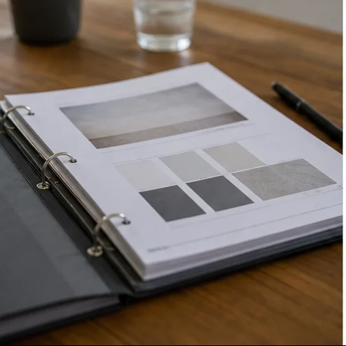 Geordnete Projektmappe mit Terminnotiz und anonymisierten Fotos